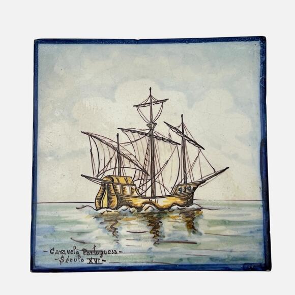 Portuguese Tile Ship Caravela Secula Handpainted Battistini de Maria de Portugal - Picture 2 of 12